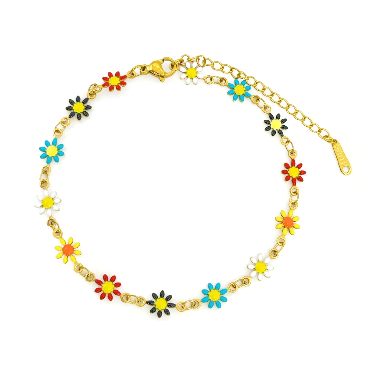 Tobillera Acero Dorado Flores Margaritas Multicolor