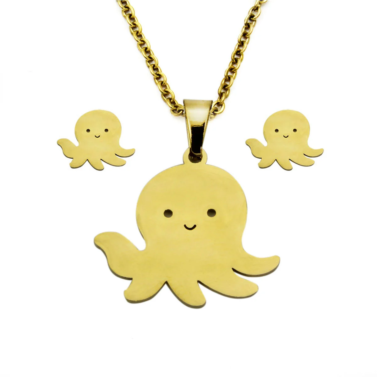 Set Joyeria Acero Dorado Pulpo Pulpito Feliz Sonrisa