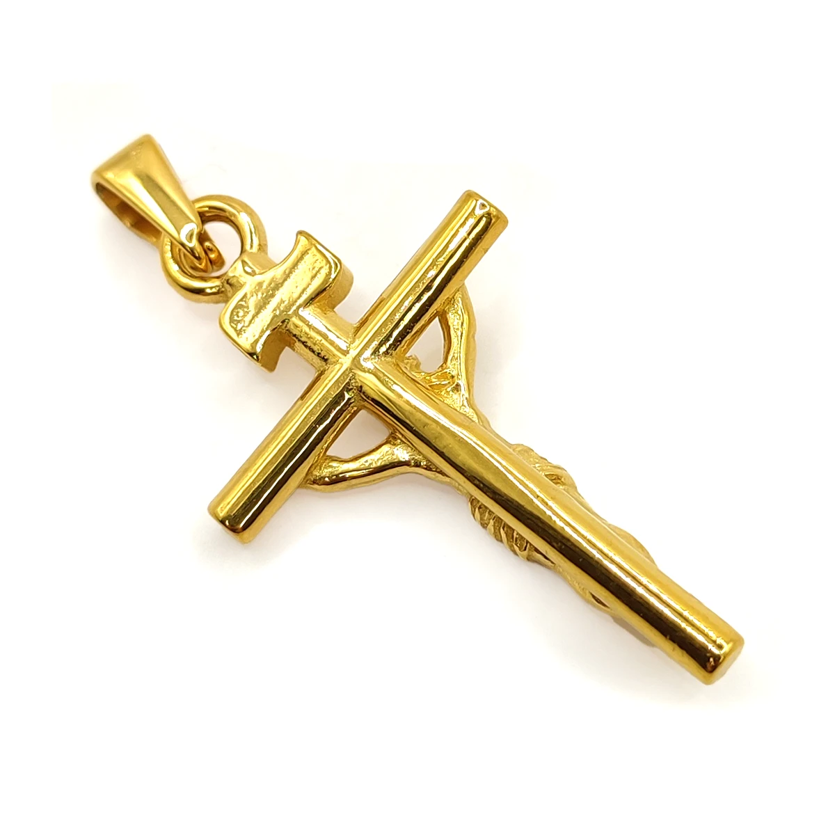 Dije Acero Inox Dorado Cruz Tubular Crucifijo Cristo