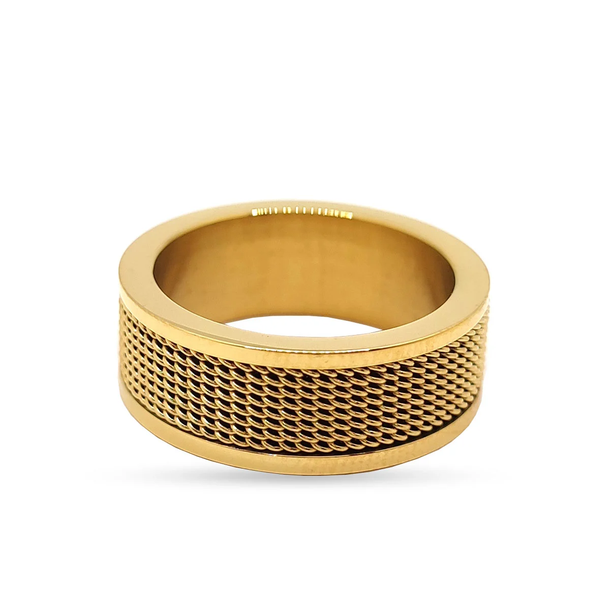 Anillo Acero Dorado Malla Biselado Tejido Hombre De Lujo