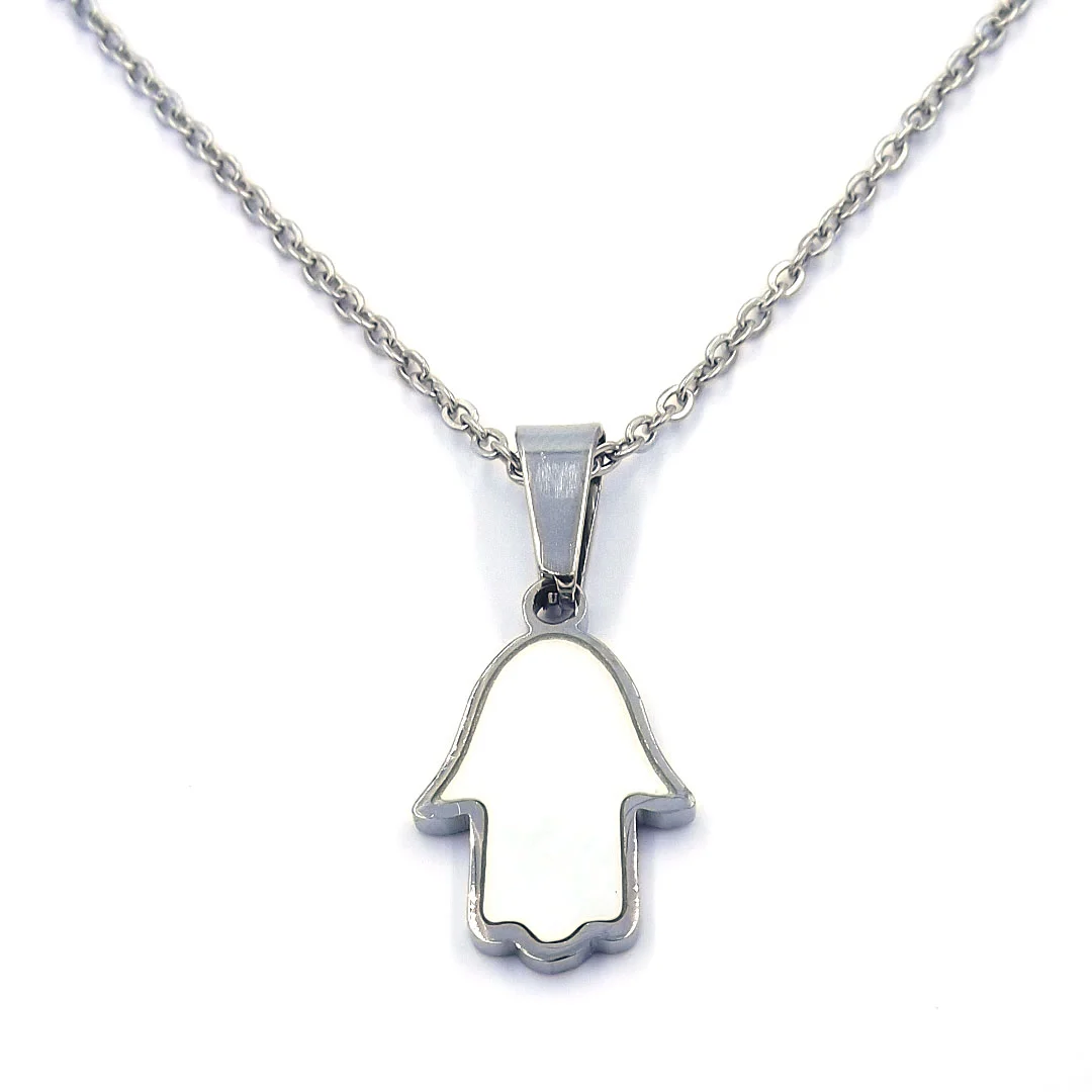 Collar Acero Inoxidable Mano de Fatima Madre Perla