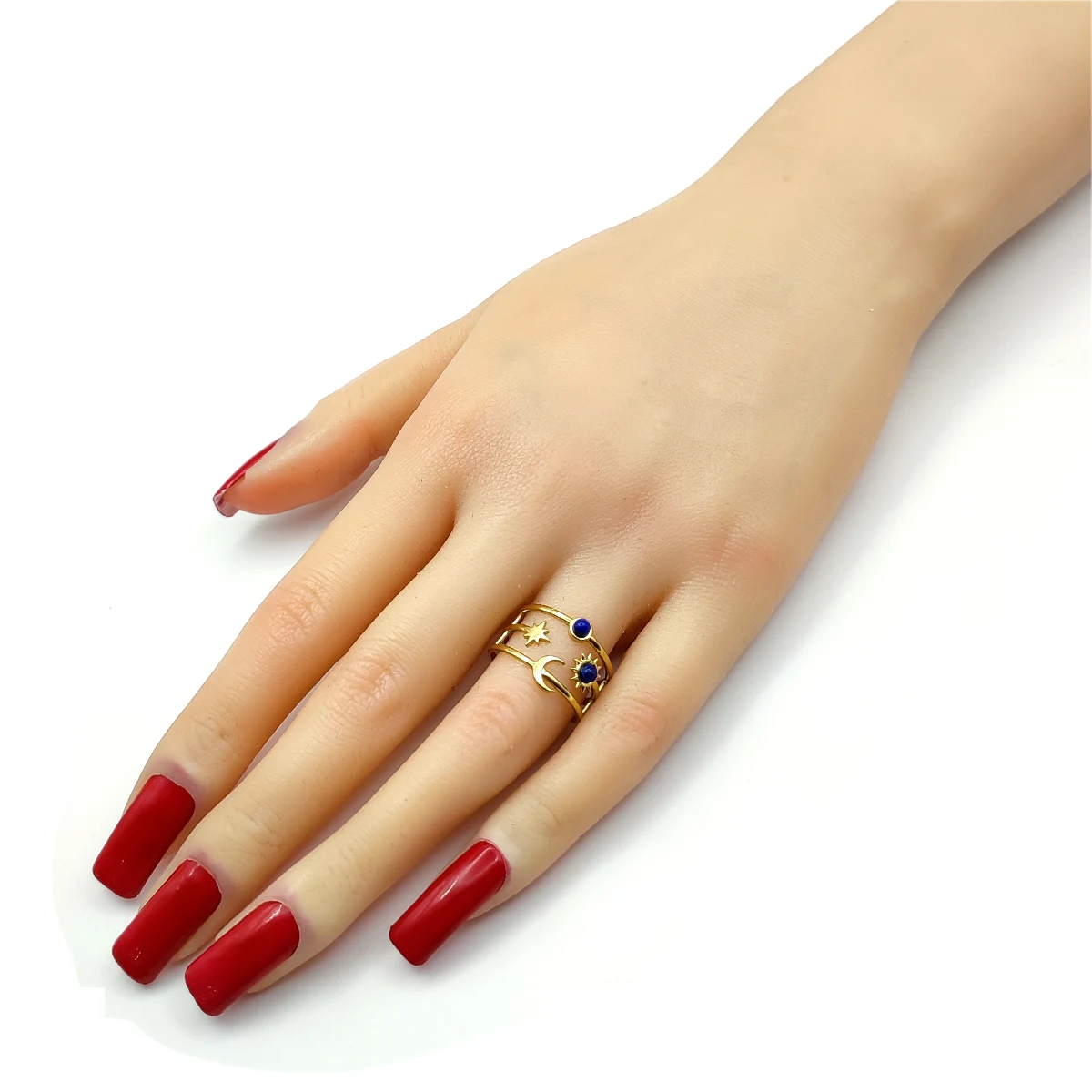 Anillo Acero Dorado Luna Sol Cielo Lapislazuli Ajustable