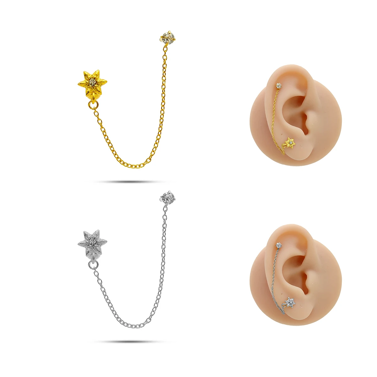 Piercing de Oreja Acero Doble Perforación Cadena Sol