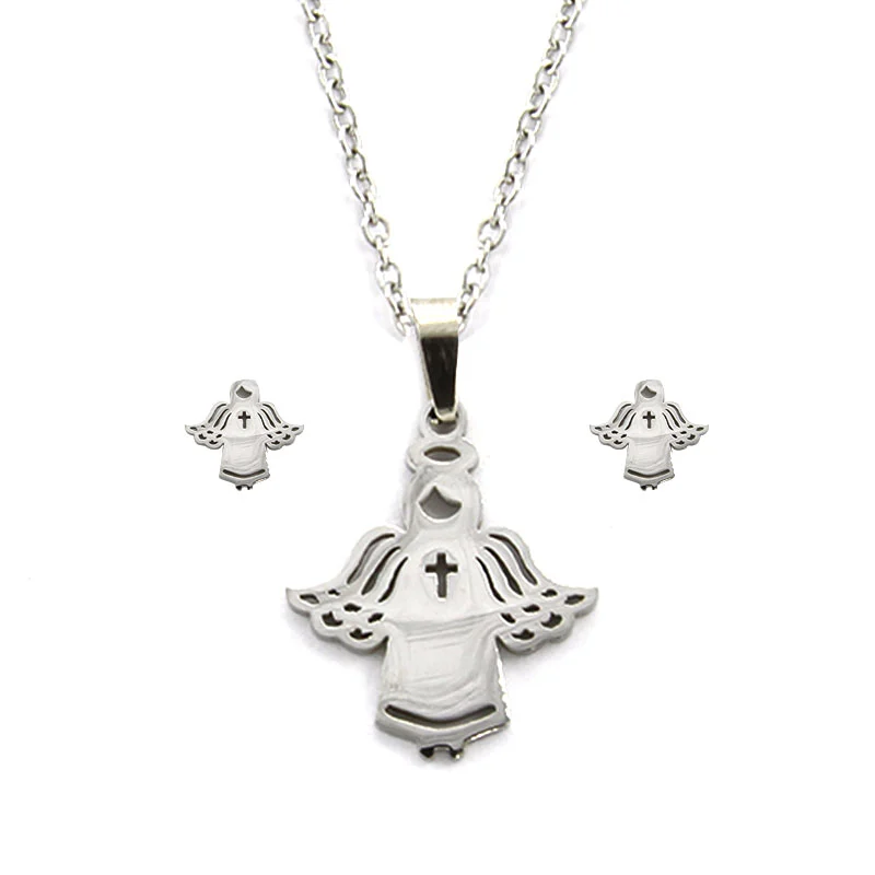 Set Joyeria Acero Plateado Angel Cruz Protector Angelito