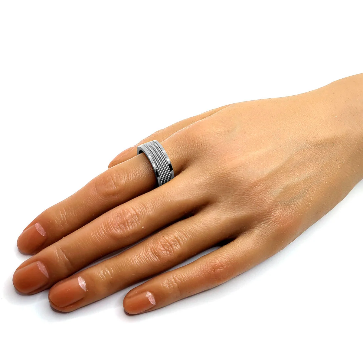 Anillo Acero Plateado Malla Biselado Tejido Hombre Lujo