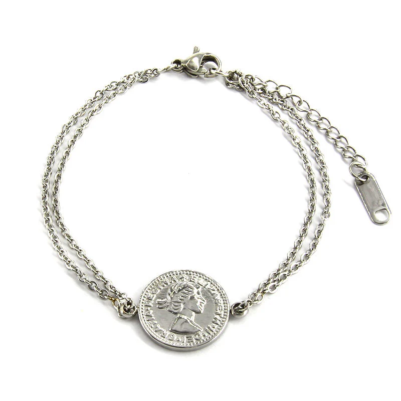Pulsera Acero Inox Plateado Moneda Reyna Elizabeth II