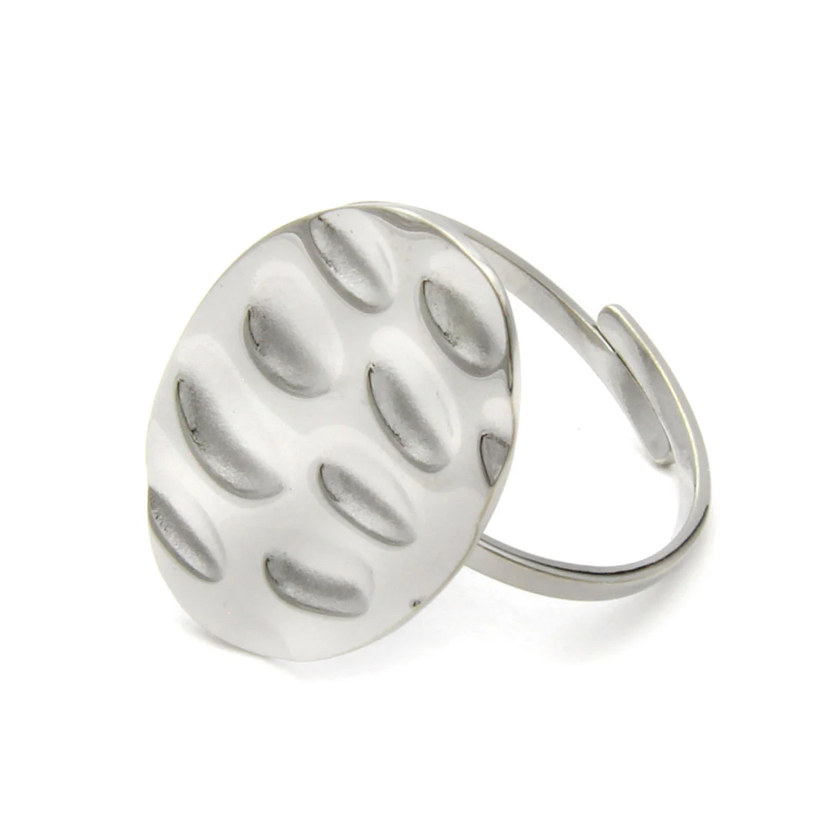 Anillo Acero Inox Plateado Martillado Ajustable Ovalado