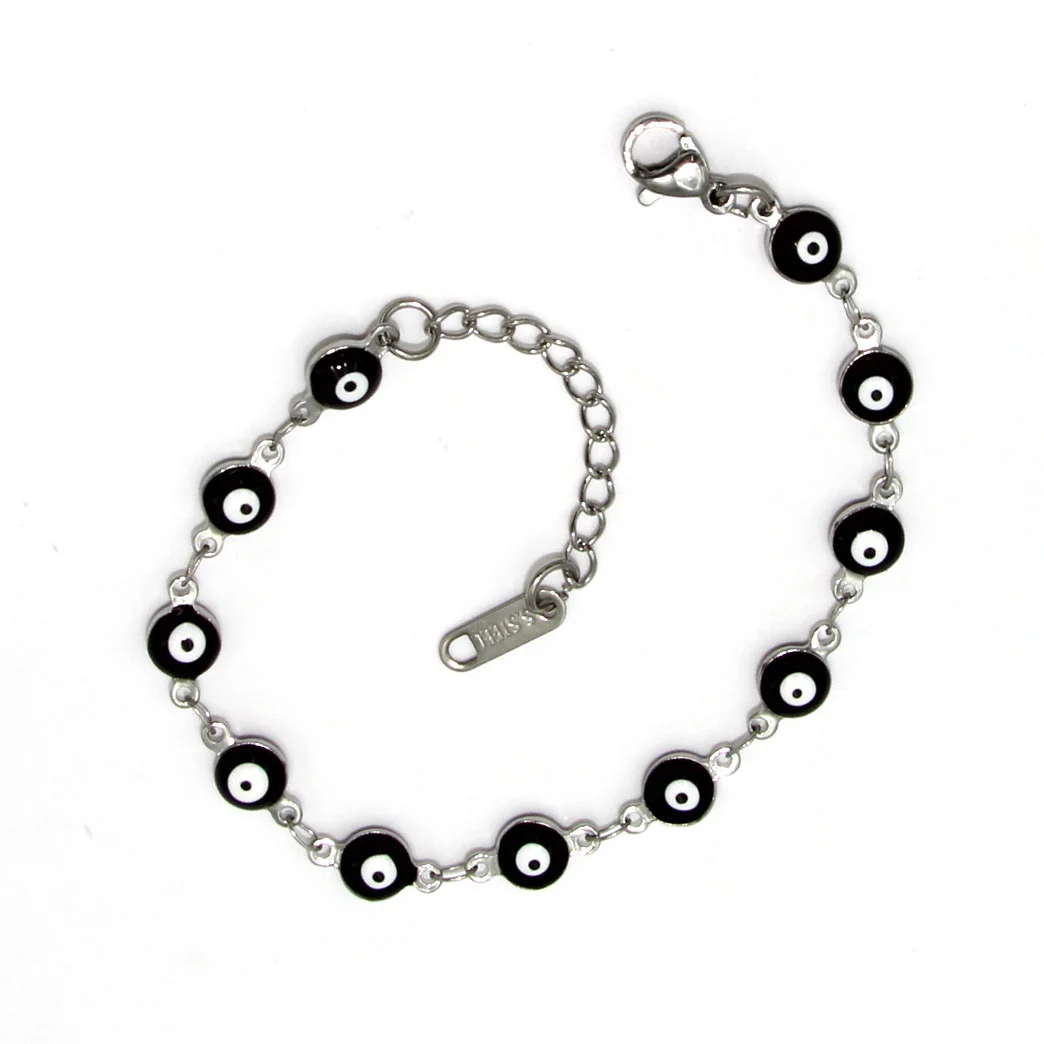 Pulsera Acero Plateado Ojo Turco Nazar 6 Mm Negro Poder