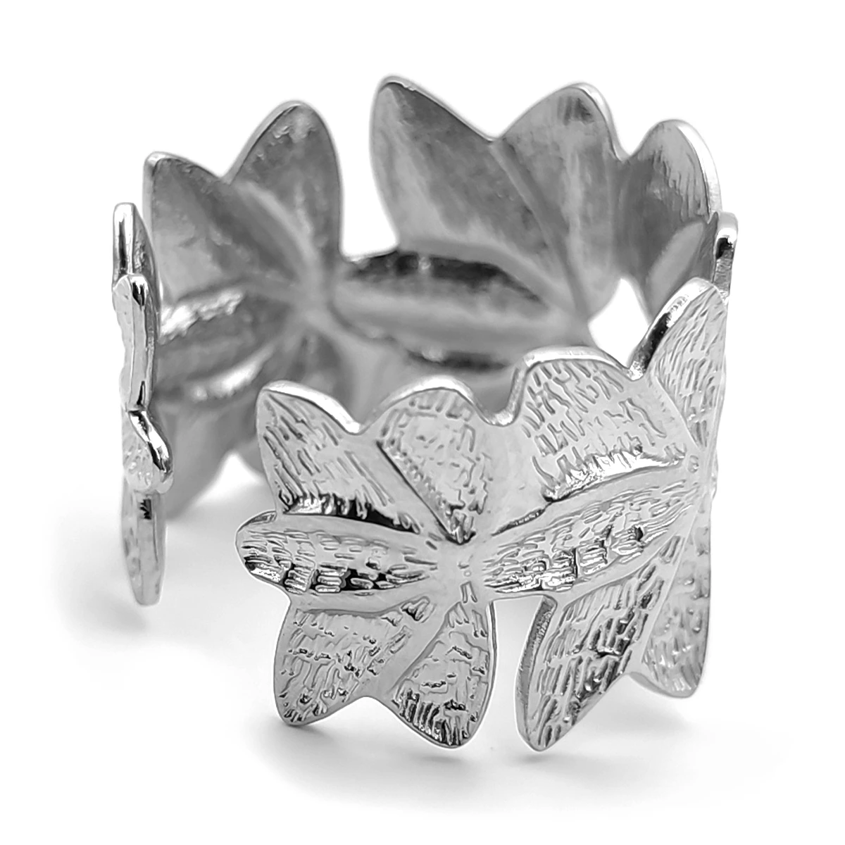 Anillo Acero Inox Plateado Petalos Flores Grueso Ajustable