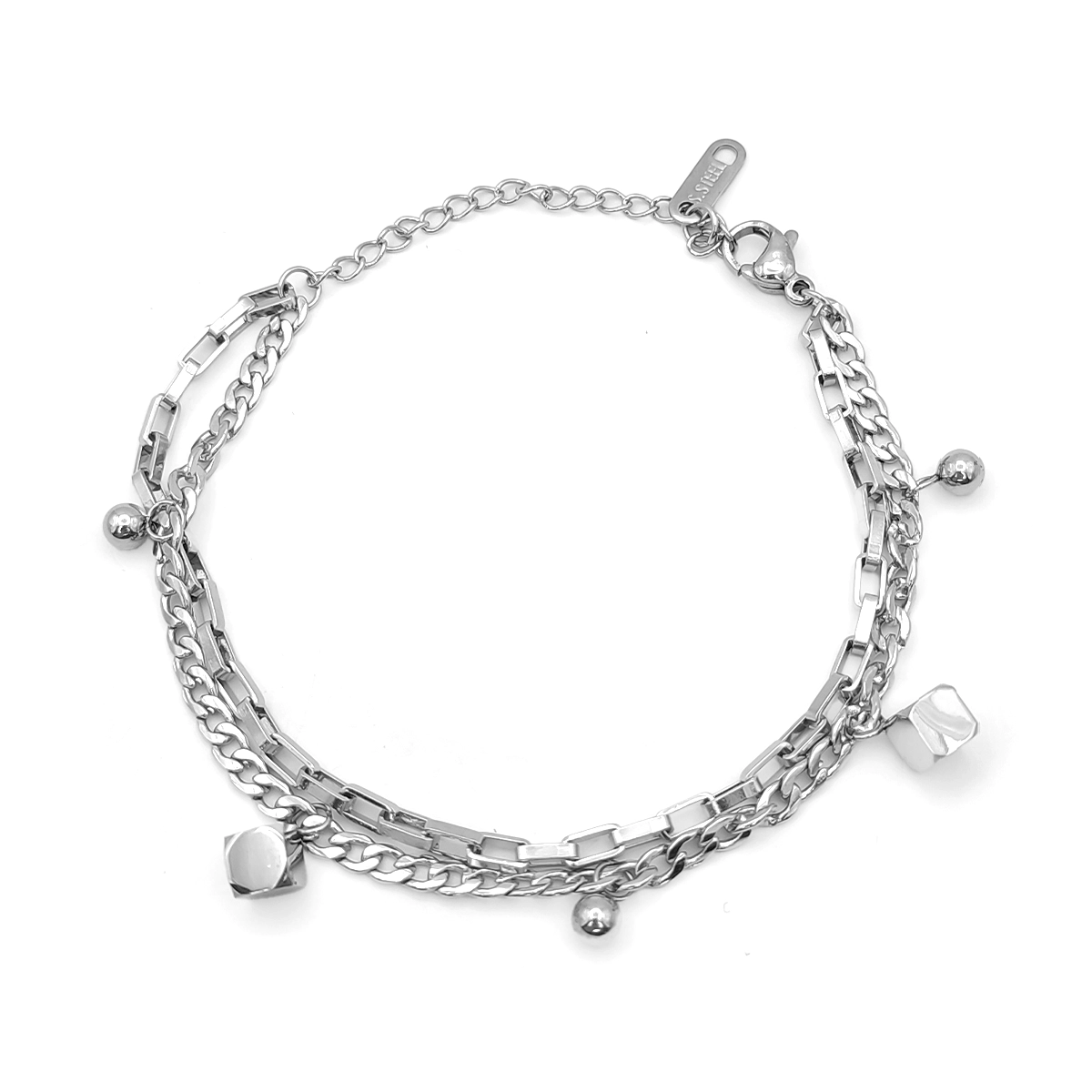 Pulsera Acero Plateado Doble Cadena Cubos Colgantes