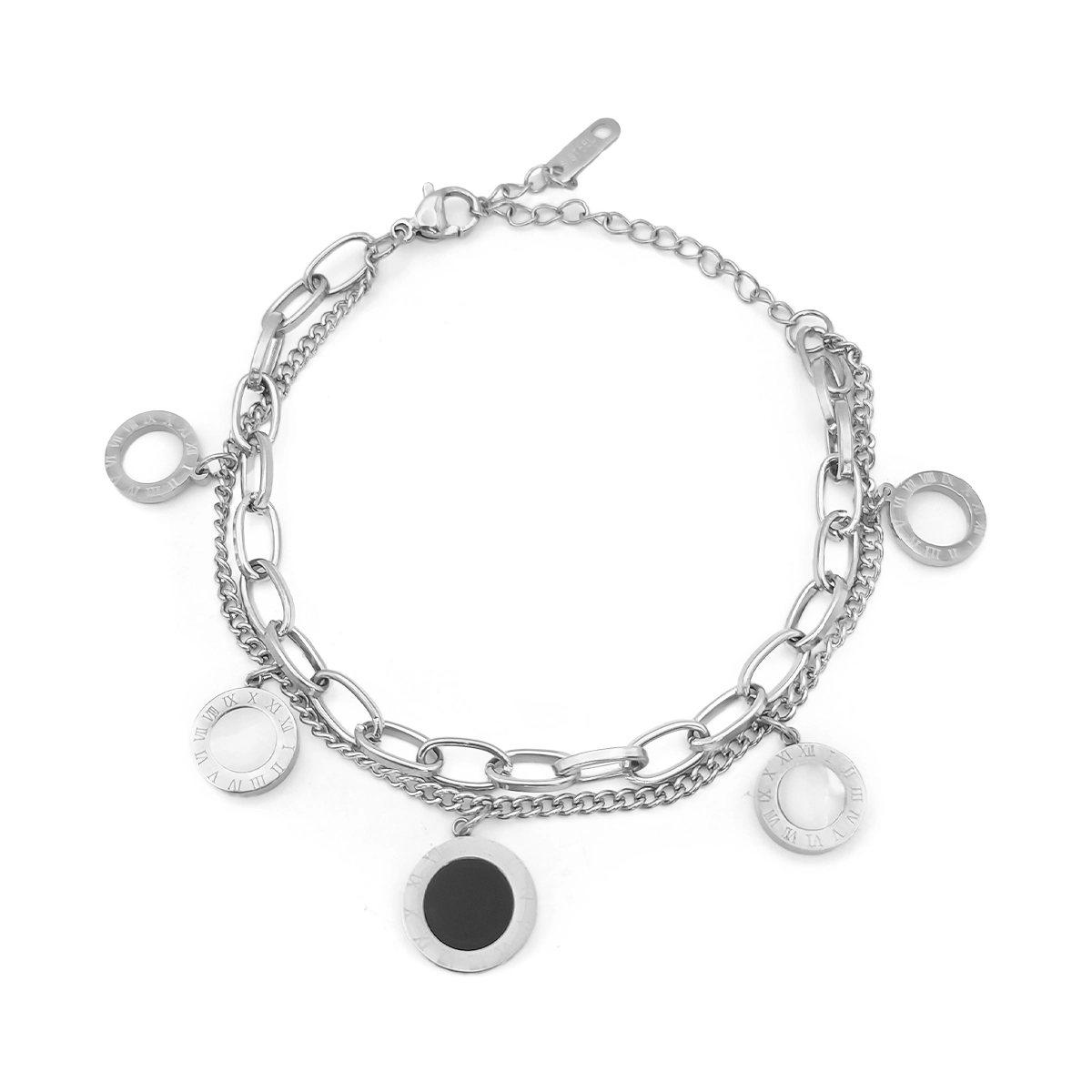 Pulsera Acero Doble Oval Cubana Círculos Madre Perla