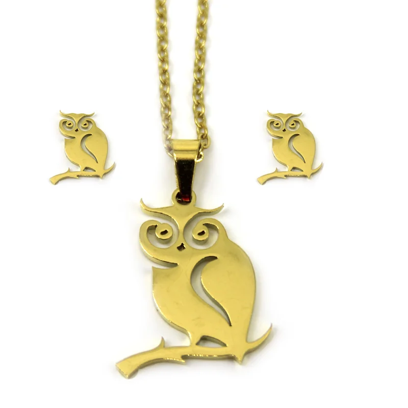 Set De Joyeria Acero Inox Dorado Buho