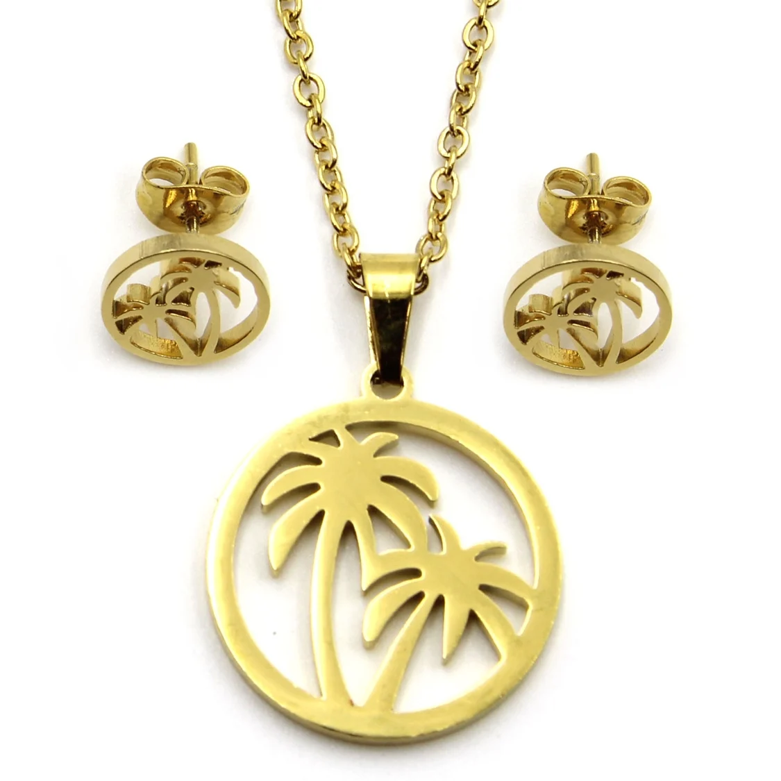 Set Joyeria Acero Dorado Cadena Aretes Dije Palma Playa