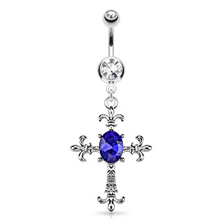 Piercing para Ombligo Cruz Flor de Liz Plata con Piedra