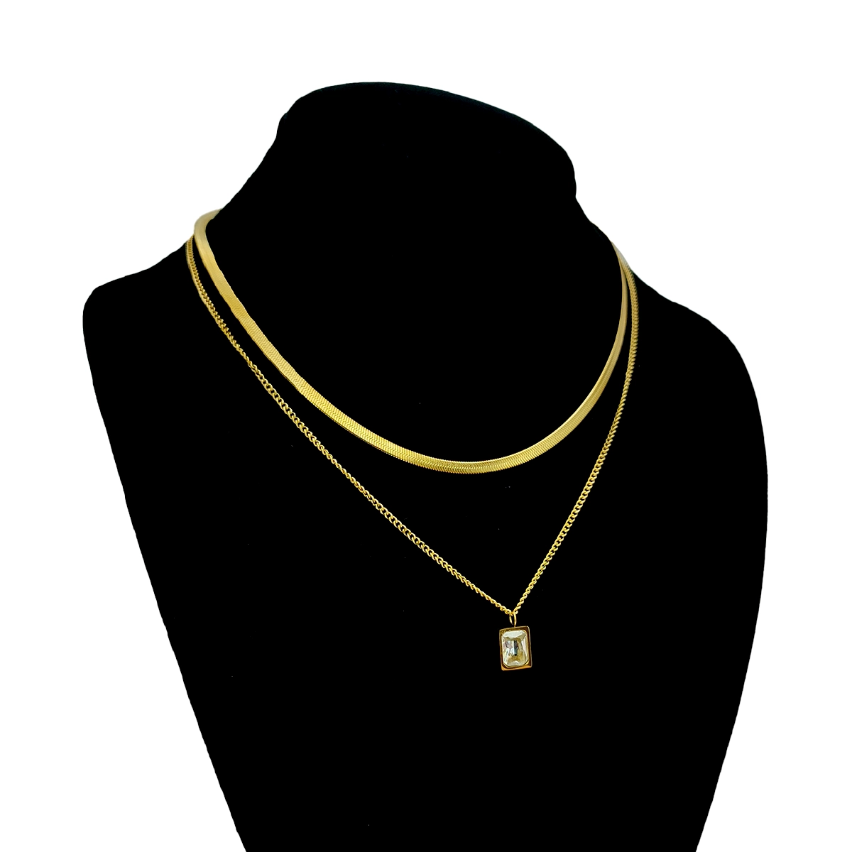 Collar Acero Dorado Doble Planchada Cubana Zirconia