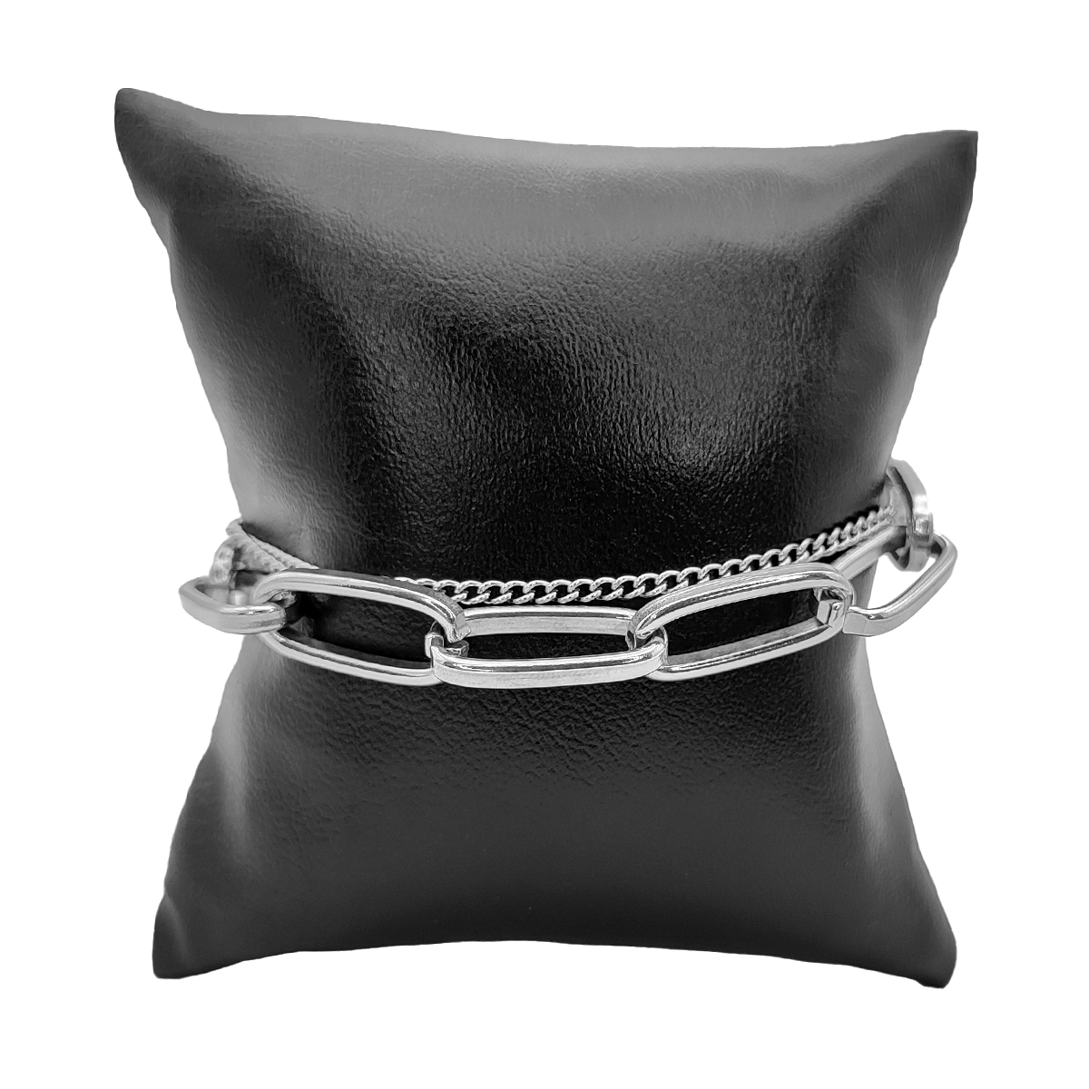 Pulsera Acero Plateado Doble Eslabon Largo Ancho y Cubana