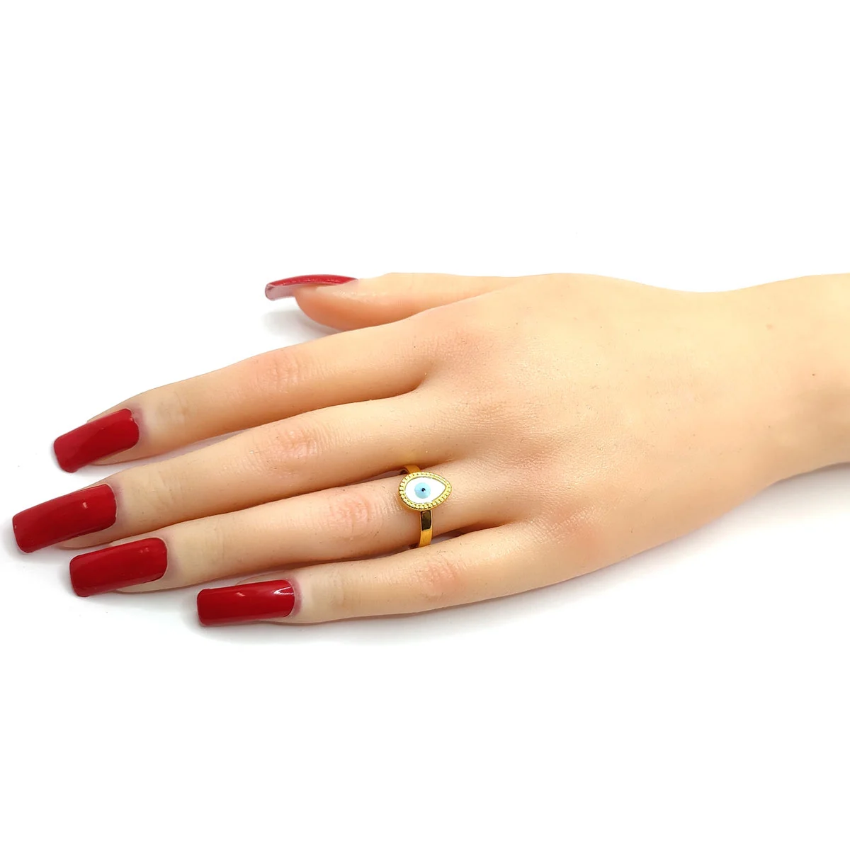 Anillo Acero Inoxidable Dorado Ojo Azul Madre Perla