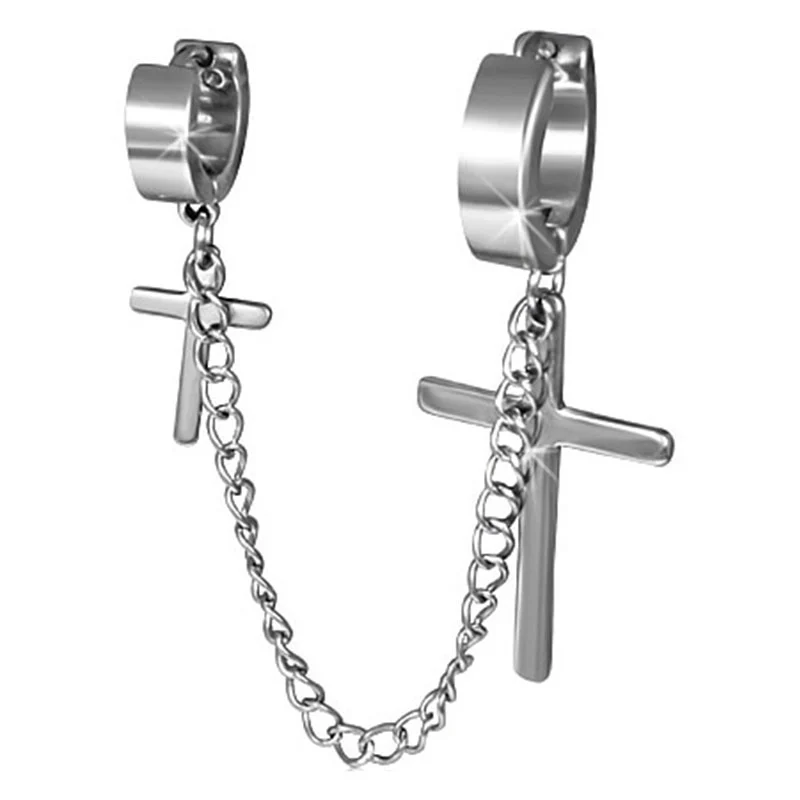 Ear Cuff de Acero Plateado Cadena y Cruces - aretes