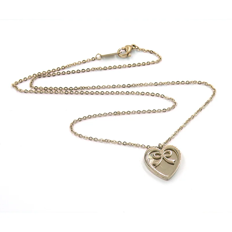 Collar de Acero Color Oro Rosado Corazón con Moño