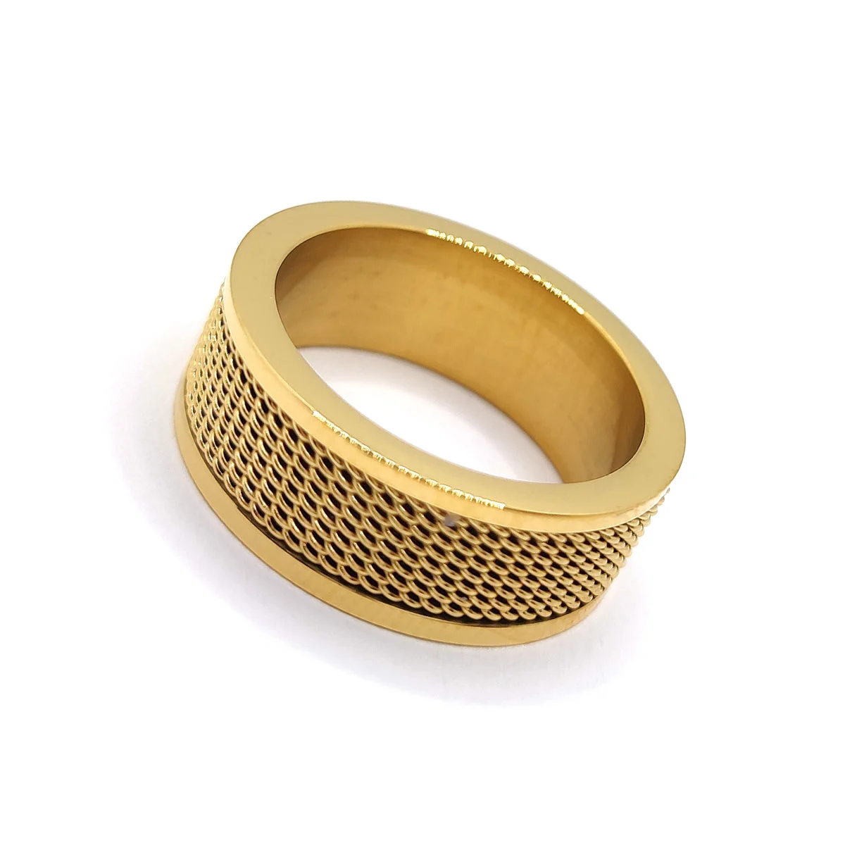 Anillo Acero Dorado Malla Biselado Tejido Hombre De Lujo