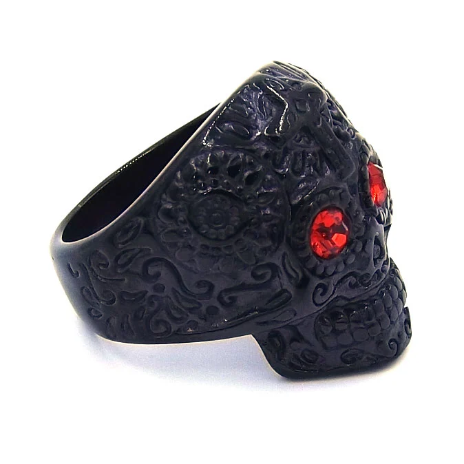 Anillo Acero Negro Calavera Catrina Ojos de Ruby