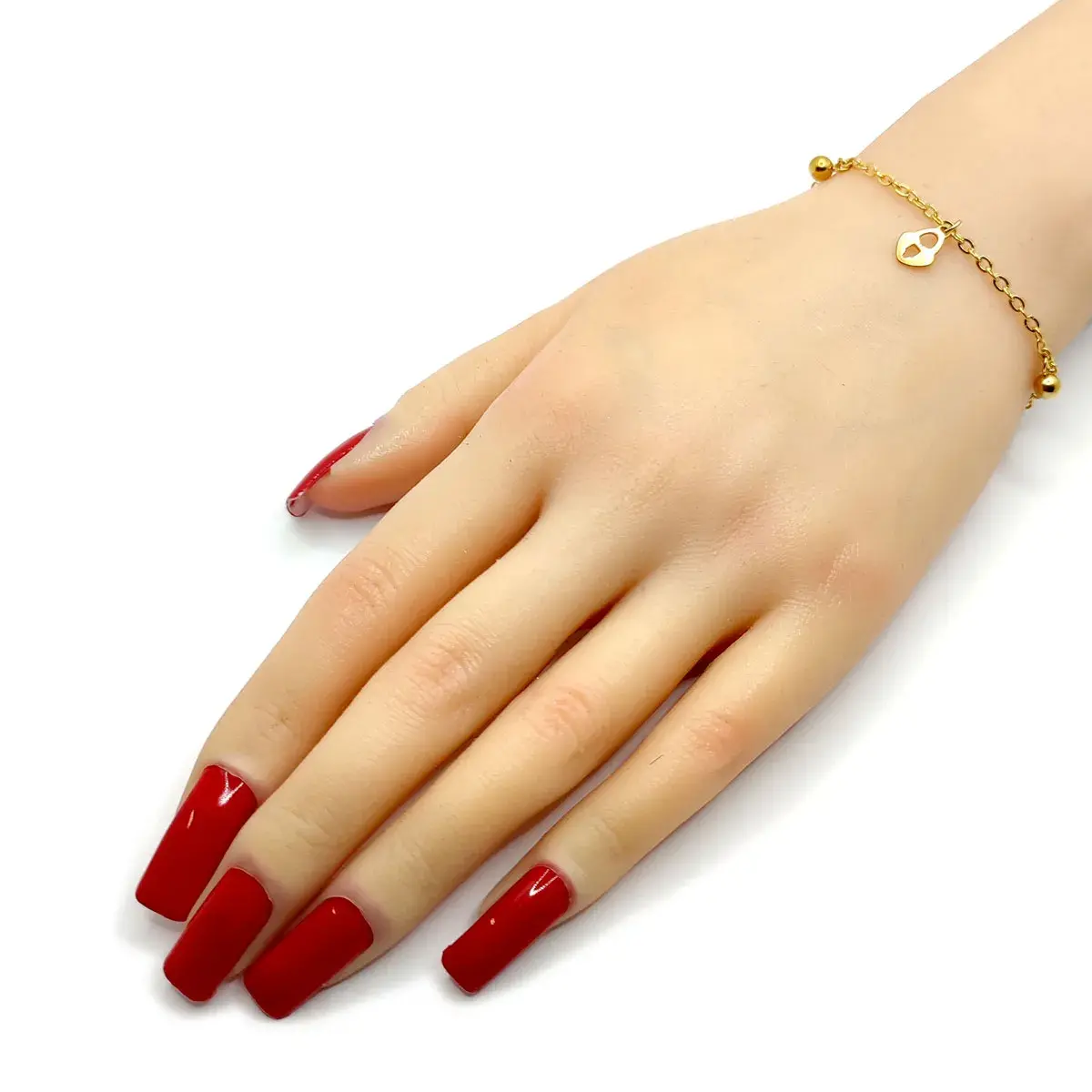 Pulsera Acero Dorado Colgantes Balines y Candado Corazón