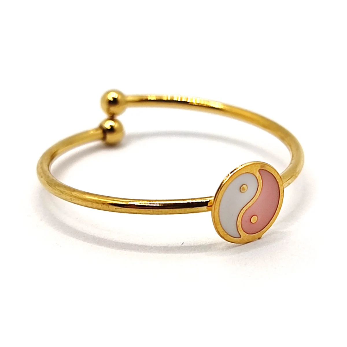 Anillo Acero Dorado Slim Delgado Yin Yang Rosa Ajustable
