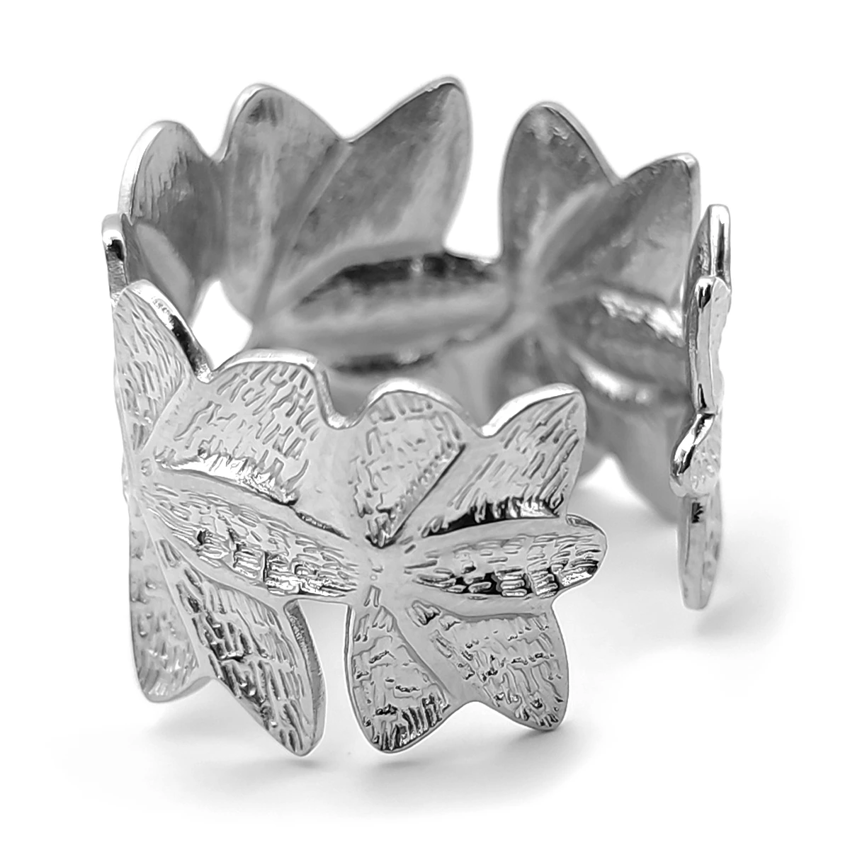 Anillo Acero Inox Plateado Petalos Flores Grueso Ajustable