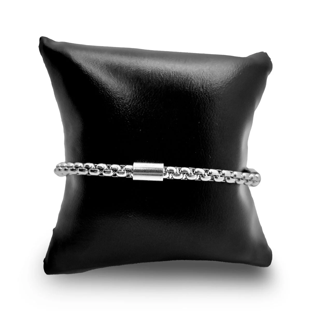 Pulsera Acero Inox Plateado Cadena Redonda Cuenta Tubular