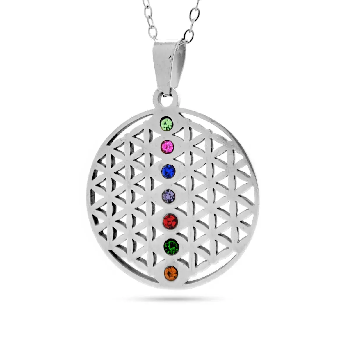Collar Acero Plateado Flor de la Vida Cristales 7 Chakras