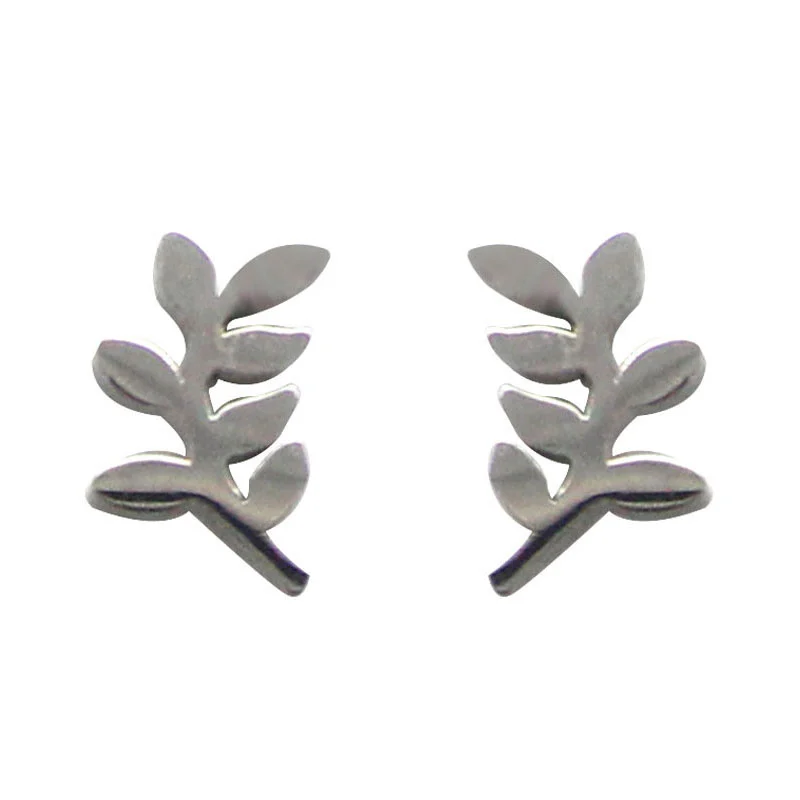 Aretes Tipo Broquel Acero Inox Plateado hojas de Laurel