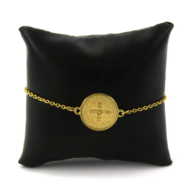 Pulsera Acero Inoxidable Dorado Dije Circular San Benito