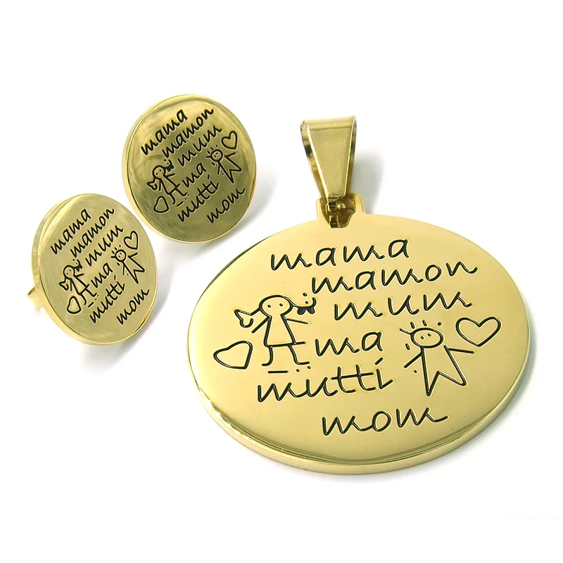 Set Joyería Acero Dorado Dije Aretes Día Madres Idiomas