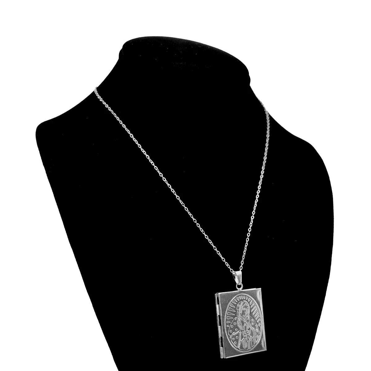Collar Acero Plateado Relicario Virgen de Guadalupe Libro