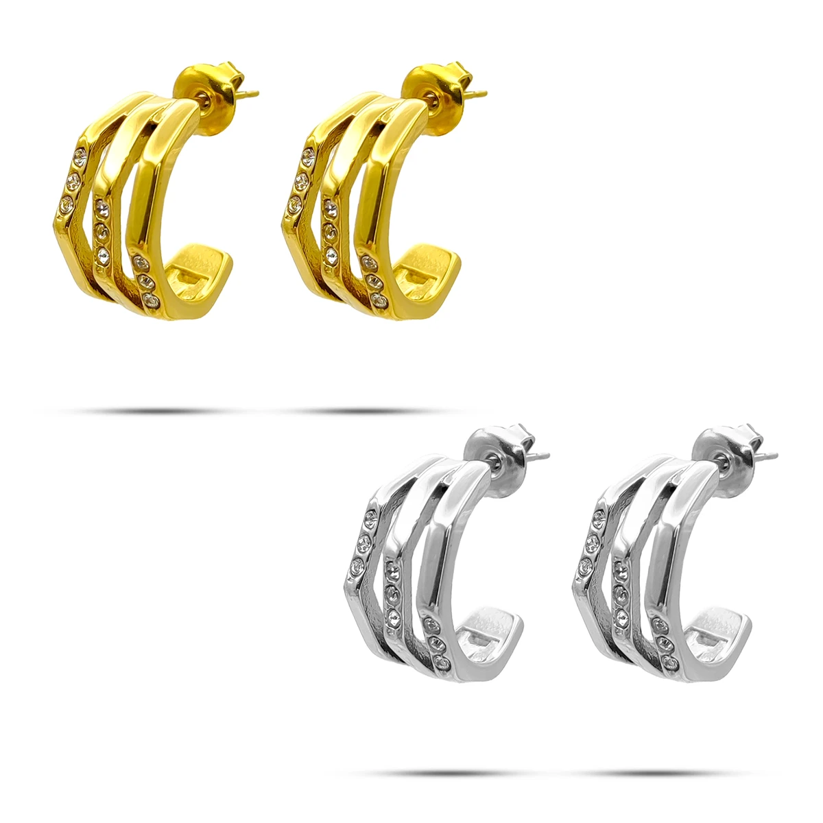 Aretes Acero Media Arracada Triple Geometricas Cristales