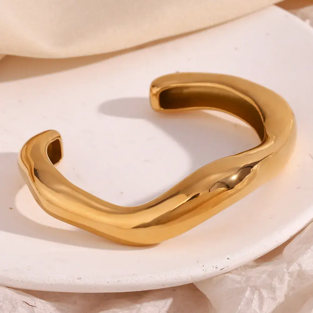 Pulsera Acero Dorado Onda Líquida Irregular Exagerada