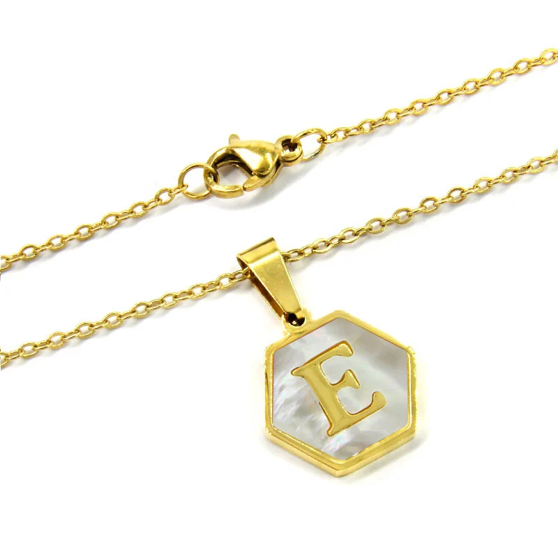 Collar Acero Inox Dorado Hexagonal Letra E Madre Perla