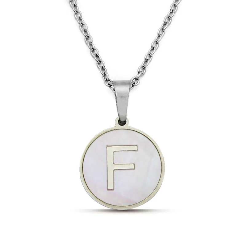 Collar Acero Plateado Circular Letra F Madre Perla