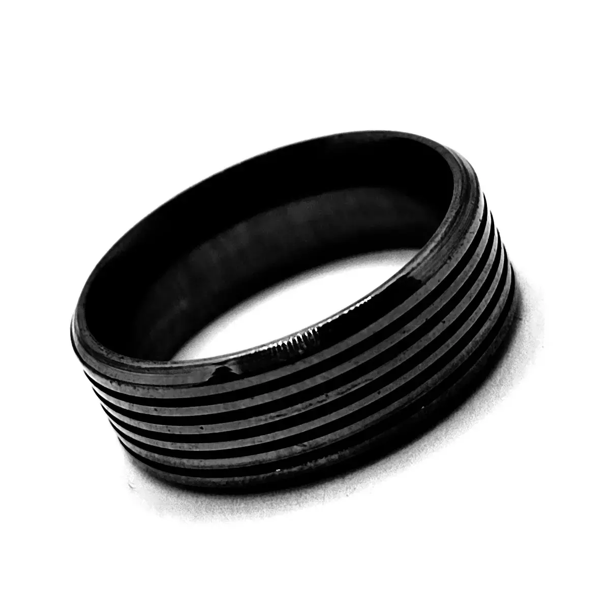 Anillo Acero Inox Negro Líneas Esmalte Negro Moderno