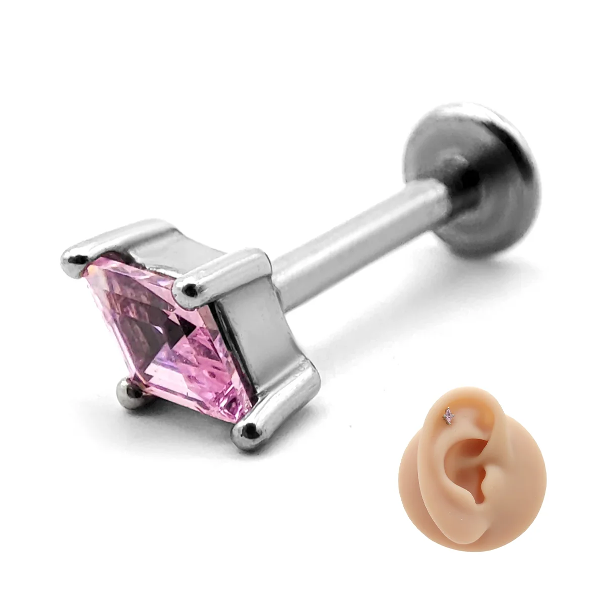 Piercing de Oreja Acero Plateado Rombo Cristal Color