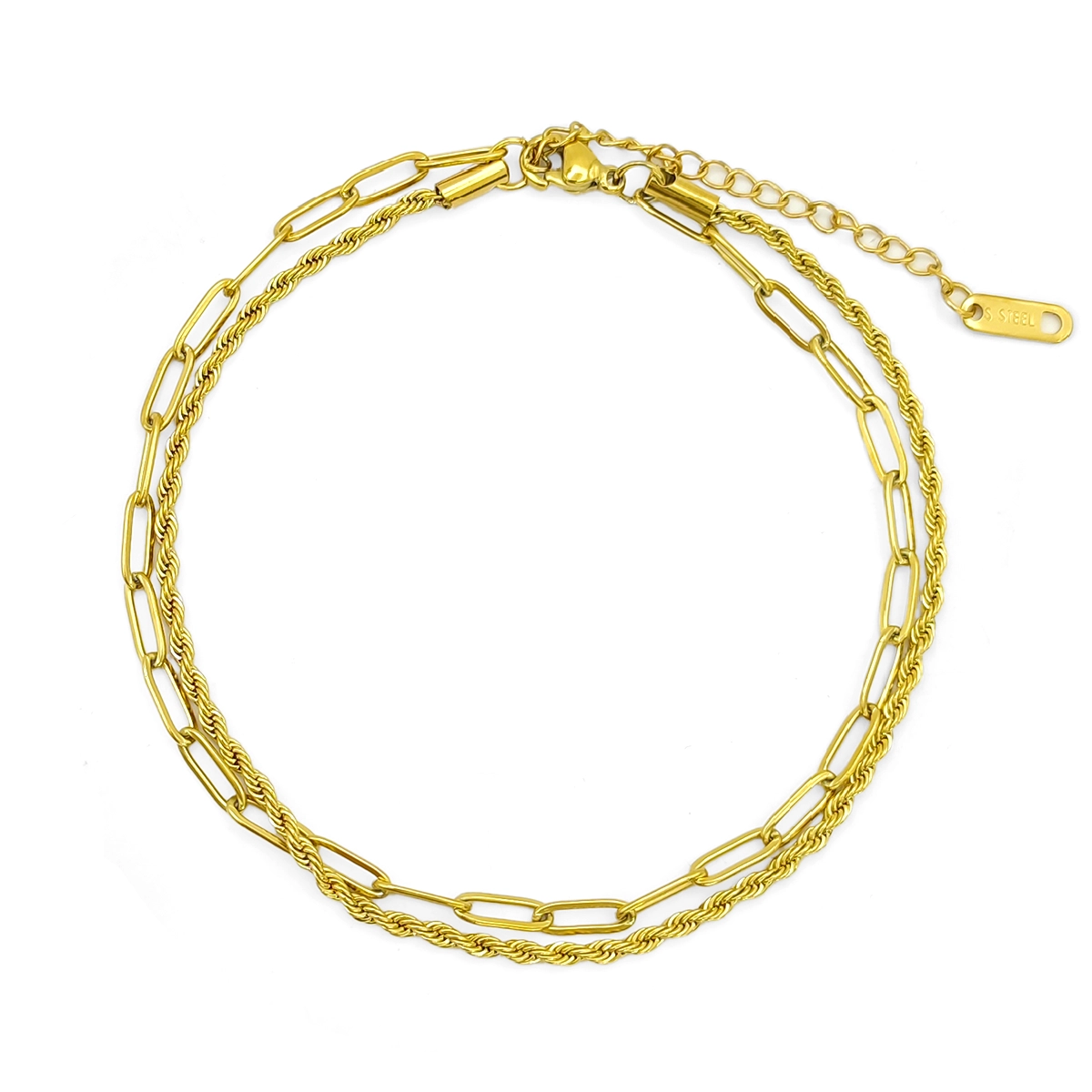 Tobillera Acero Dorado Doble Cadena Torzal y Eslabon Oval