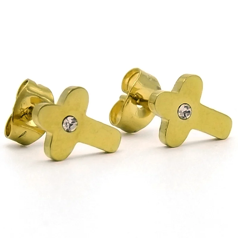 Aretes tipo Broquel Dorados Cruz Redonda con Cristal