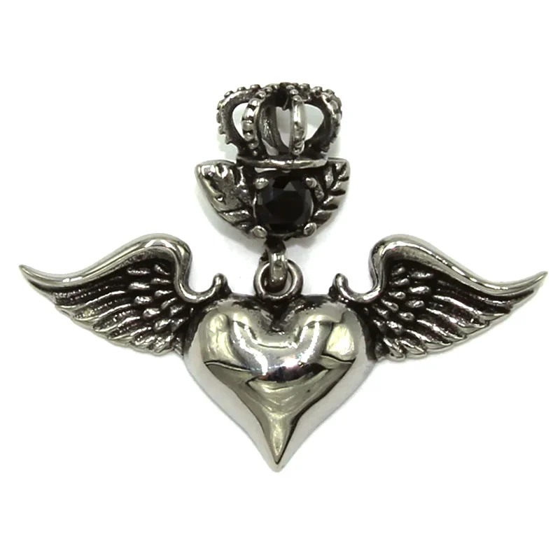 Dije Acero Plateado Corazón Alas Corona Zirconia Negra