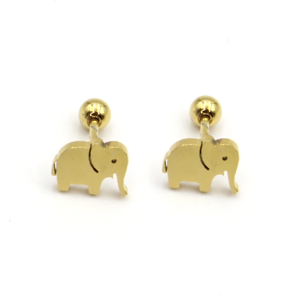 Aretes Acero Dorado Broquel Dormilon Elefante Minimalista