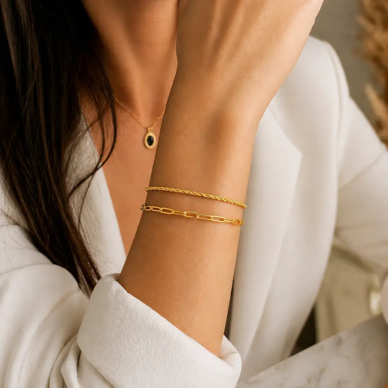 Pulsera Acero Inox Doble Cadena Torzal y Cadena Oval