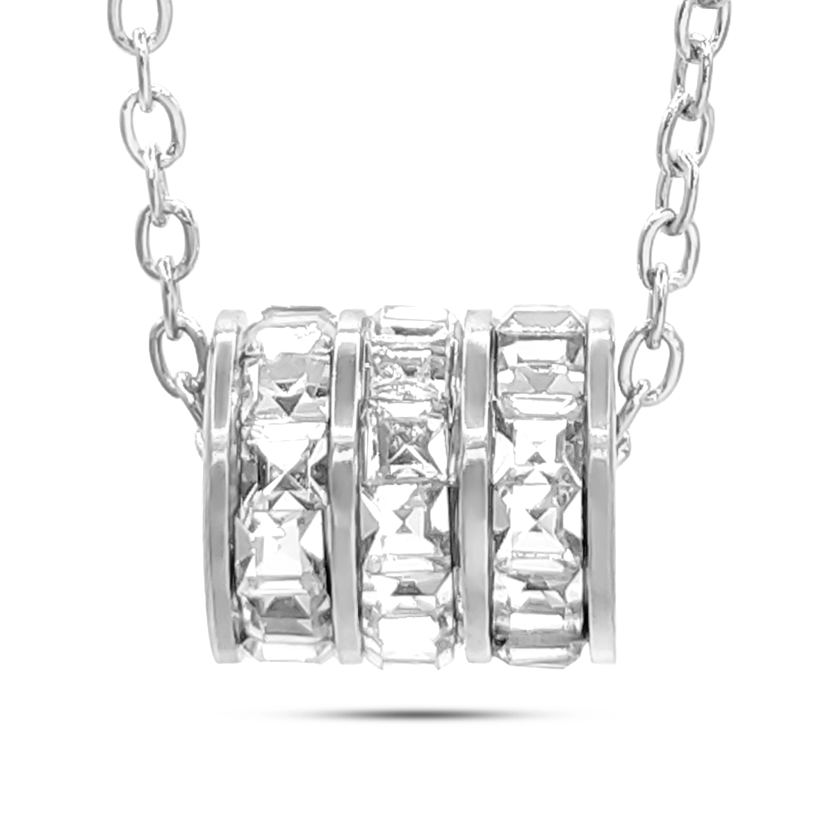 Collar Acero Barril Triple Fila de Zirconia Cuadrada