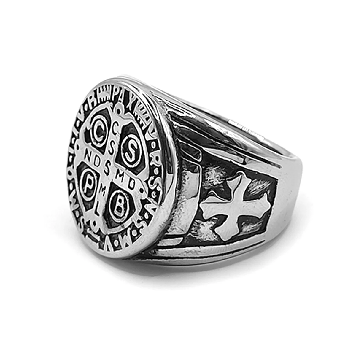 Anillo Acero Plateado Hombre Cruz San Benito Proteccion
