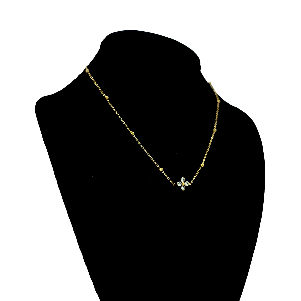 Collar Acero Dorado Flor Petalos Cristales Cadena Balines