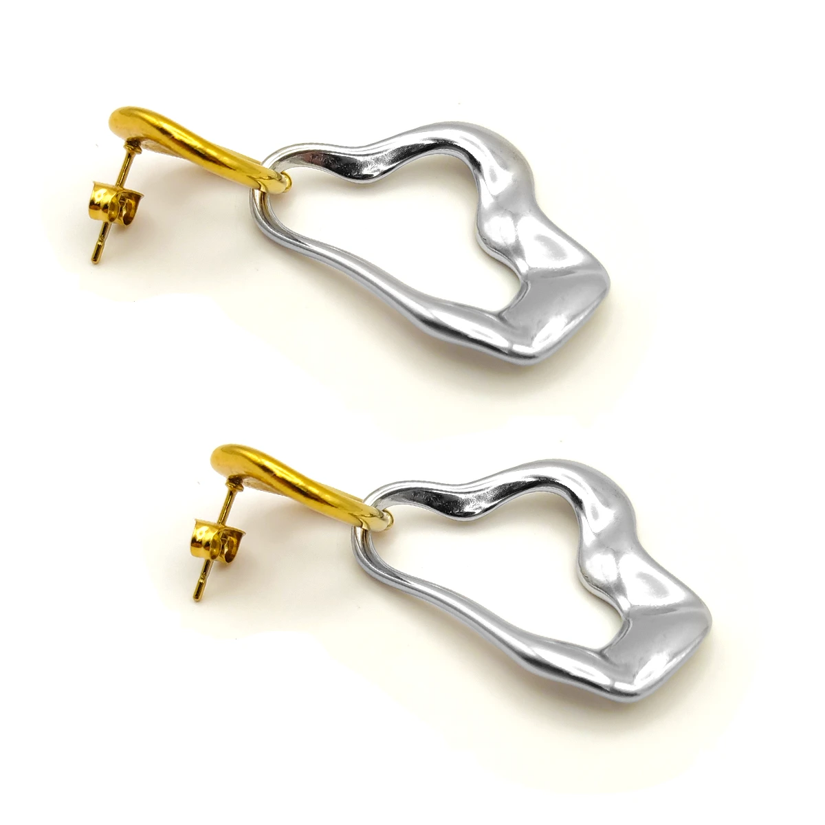 Aretes Acero Bicolor Asimetrico Onda Irregular Colgante