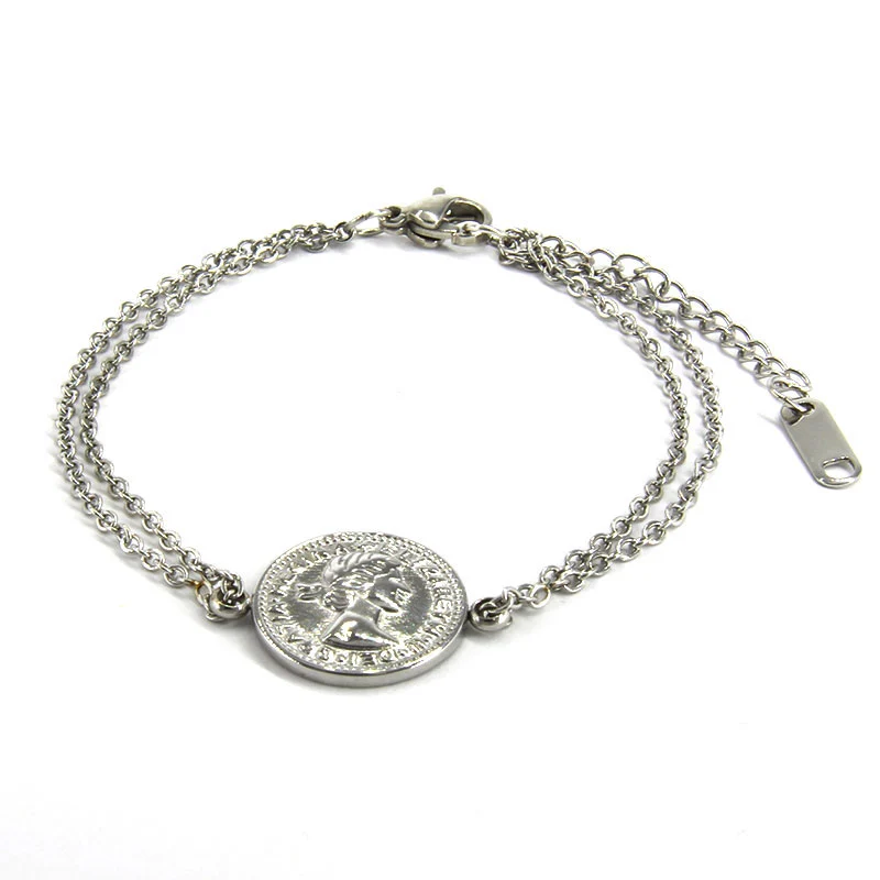 Pulsera Acero Inox Plateado Moneda Reyna Elizabeth II